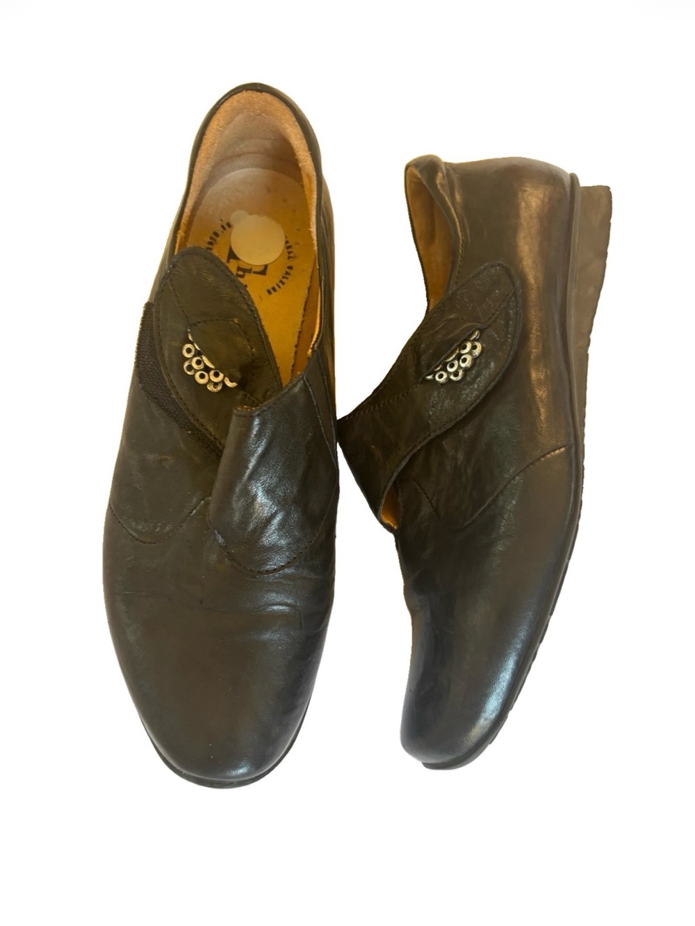 Think! Black Leather Slip-On Loafers with Decorative Eyelets